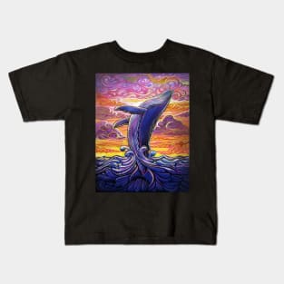 Blue Whale breaching at sunrise Kids T-Shirt